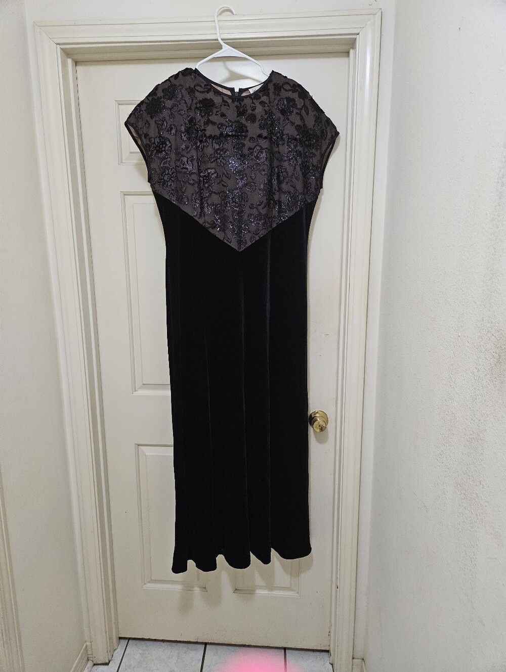 Elegant Black Velvet Dress with Black Floral Appliqué